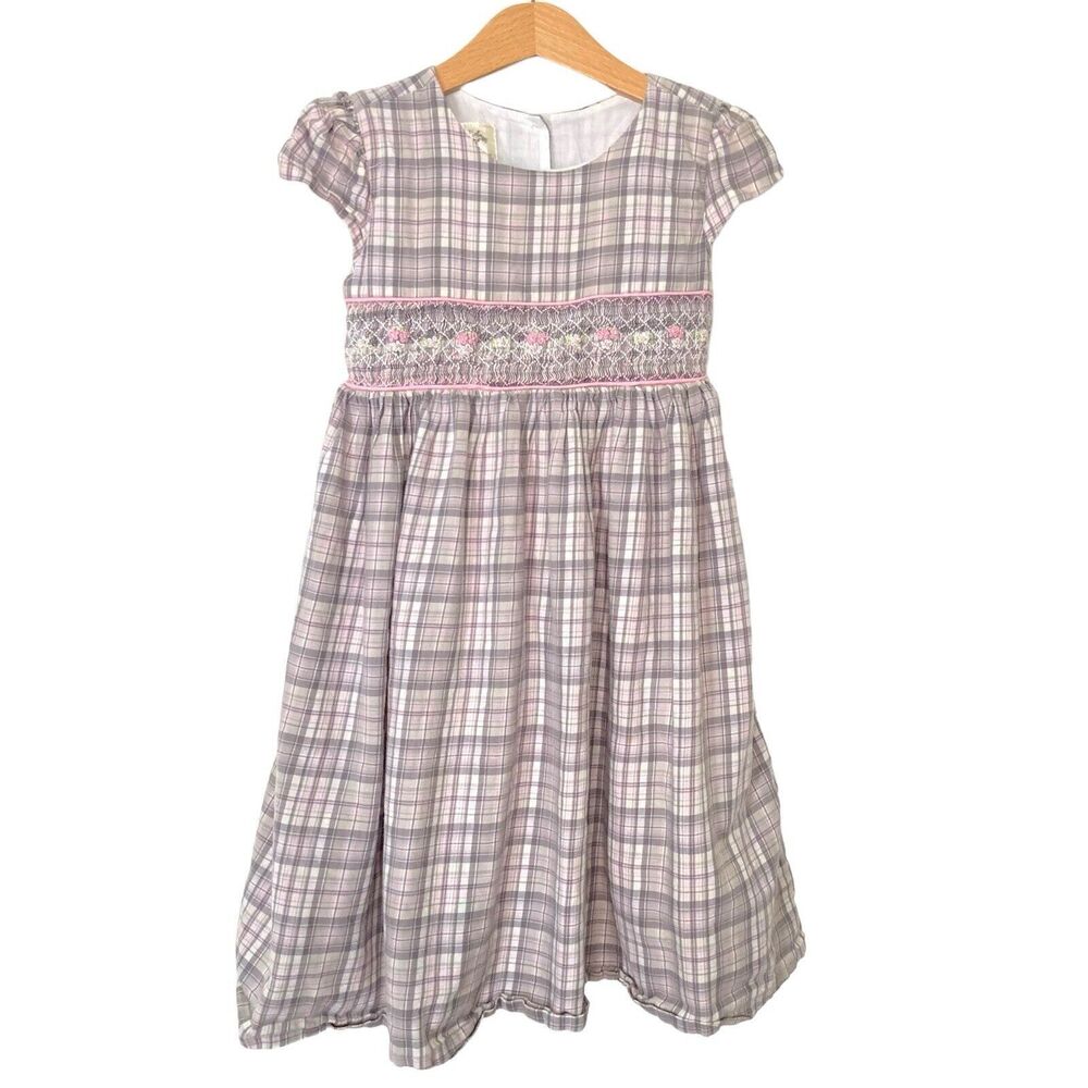 Laura Ashley London Girls Pink Gray Plaid Smocked Check Floral Dress 6